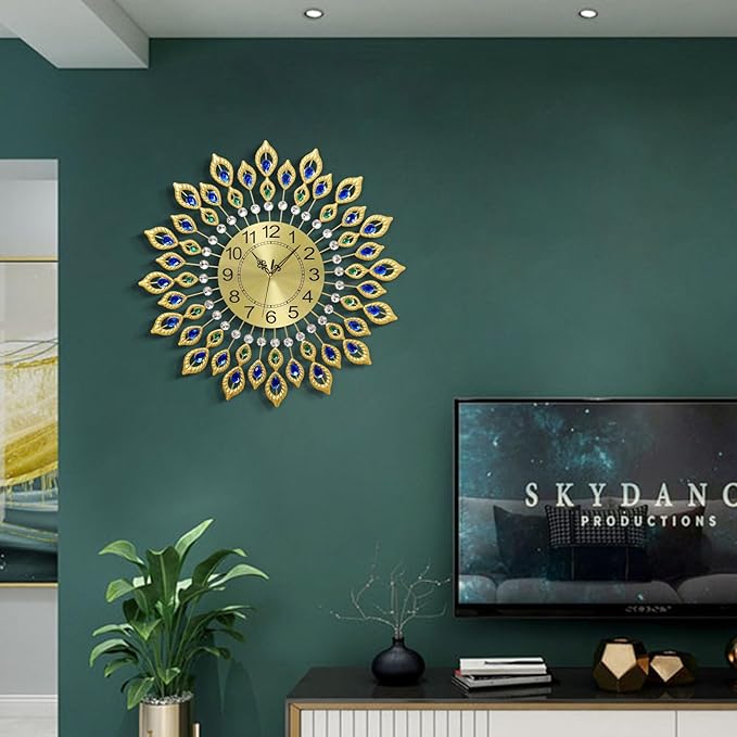 24.0 Inch Gold Large Wall Clocks for Living Room Decor,Elegant 3D Modern Wall Clock with Dial Arabic Numberals Non-Ticking Silent Big Wall Clocks,Diamond Round Home Decoration Kitchen Clocks