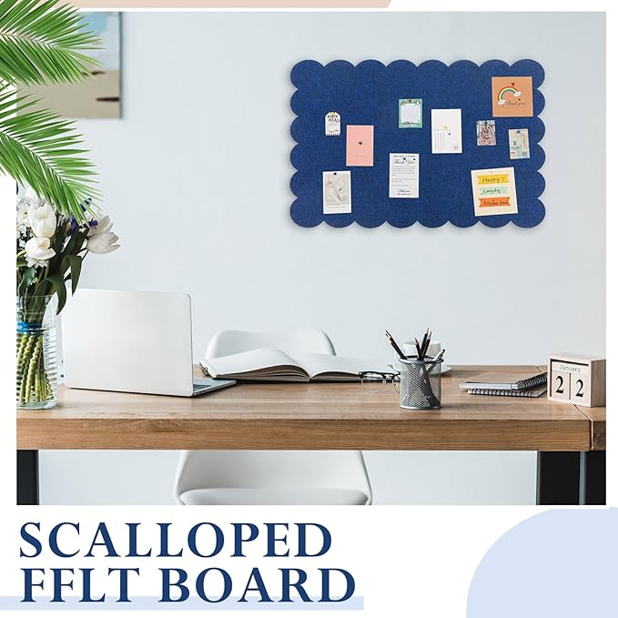 Scalloped Felt Bulletin Board 24 x 18 Inches Foldable Dark Blue Pin Cork Board Alternative for Wall, 2' x 1.5' Trifold Picture Vision Self Adhesive Bulletin Decorative