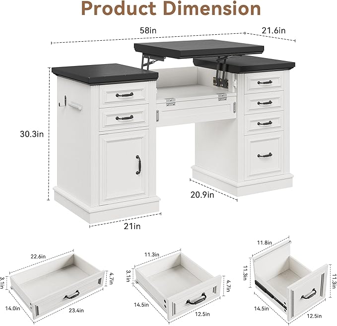 Farmhouse 57" Lift Up Executive Desk with 5 Drawers and Charging Station, Wood Home Office Computer Desk with File Cabinet Storage, Keyboard Tray,Headphone Hook for Work,Study (White+Black)