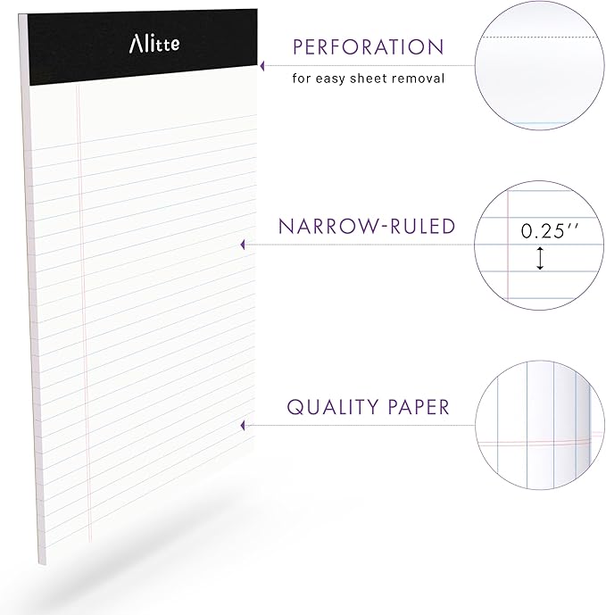 Legal Notepads 5x8, Pack of 6 - Perforated Narrow Ruled Writing Pad - Premium Thick Paper, No Ink Bleeding - Blank Legal Pads For Home, Office, School, Business - 50 Sheets Per Notebook