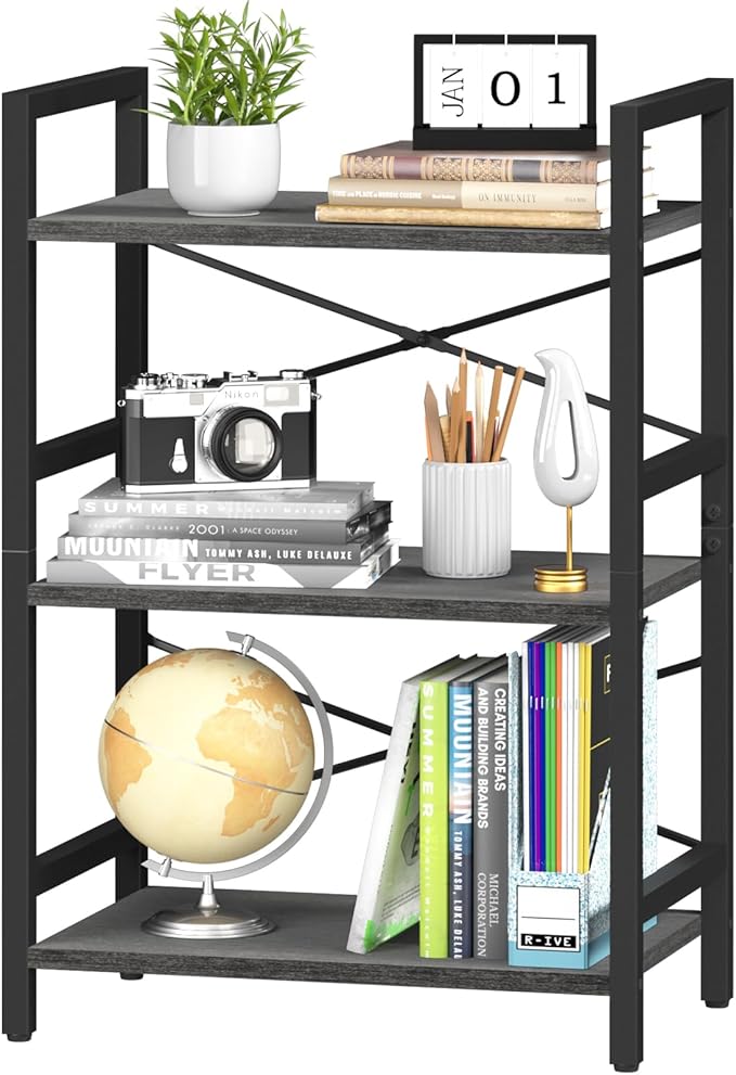 Yoobure Bookshelf Small Book Shelf, Solid Industrial 3 Tier Shelf Bookcase, Short Book Case for Bedroom, Living Room, Office Home, Small Spaces, Easy Assembly Charcoal Gray