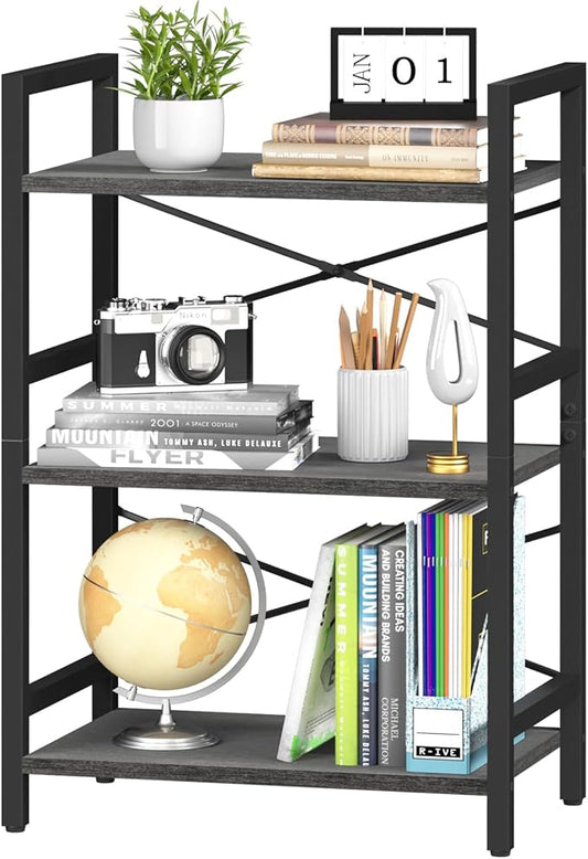 Yoobure Bookshelf Small Book Shelf, Solid Industrial 3 Tier Shelf Bookcase, Short Book Case for Bedroom, Living Room, Office Home, Small Spaces, Easy Assembly Charcoal Gray