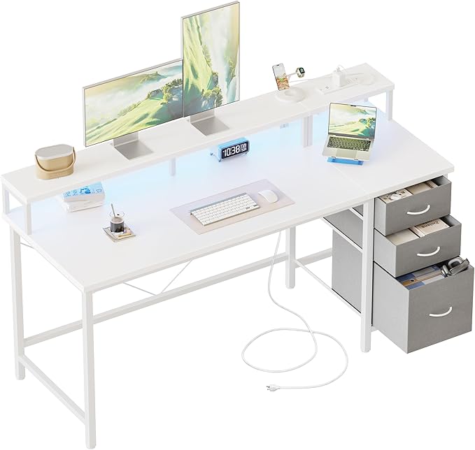 Mericonia Computer Desk 55 inch with Power Outlets & LED Lights, Gaming Desk with 3 Drawers for Home Office, Small Desk with Monitor Stand for Small Spaces, Study Writing Desk