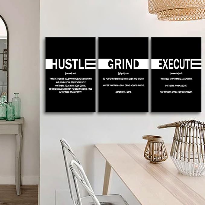 Motivational Canvas Wall Art Hustle Grind Execute Entrepreneur Quotes Poster Print Inspirational Pictures Painting for Office Class Room School Wall Decoration Stretched and Framed [48''Hx24''W]
