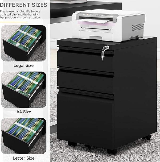 DWVO 3-Drawer Mobile File Cabinet, Pre-Assembled Metal Filing Cabinet for Legal/Letter Size, Lockable Office Storage with 6 Casters, Black