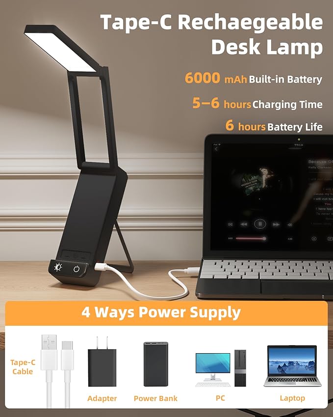 EZVALO LED Rechargeable Desk Lamp, 6000mAh Battery Operated Light, Cordless Table Lamp for Book Reading, Foldable Mini Lamps & Portable, 3 Color Dimmable Small Wireless Reading Lamp, Black