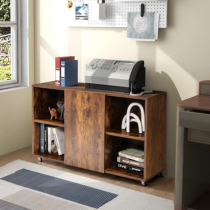 Lateral File Cabinet, Wood Storage Cabinet with Doors and Shelves, Kitchen Buffet Sideboard with 6 Universal Wheels, Modern Printer Stand, Mobile Filing Cabinets for Home Office (Rustic Brown)