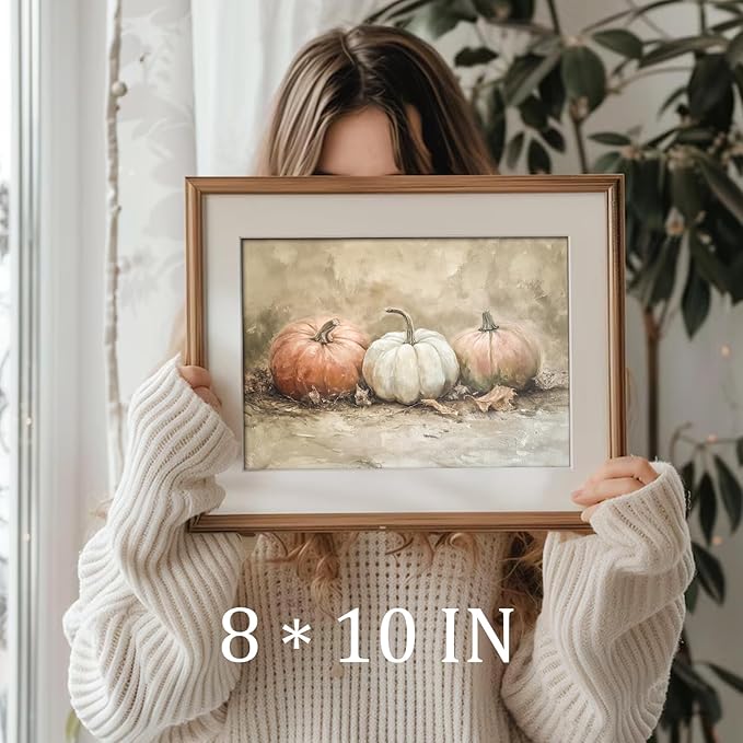 uniro Rustic Autumn Pumpkin Painting Wall Art, Pumpkin Still Life Painting, Rustic Fall Art,Vintage Autumn Wall Print,Halloween utumn Decor,Thanksgiving Art for Living Room, Bedroom - unframe 8" x 10"