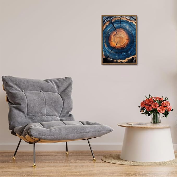 IBHJSART Framed Tree Ring Canvas Wall Art Blue Wall Art Wood Stump Painting Prints Modern Minimalist Pictures Neutral Nature Rustic Farmhouse Decor Living Room Bedroom Bathroom Office
