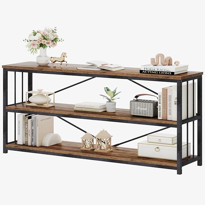 HSH Low Bookshelf, Industrial Wood 3 Tier Extra Long Horizontal Bookcase, Wide Open Metal Large Book Shelf for Bedroom Living Room, Rustic Brown, 70 Inch