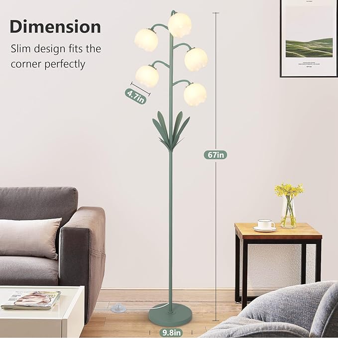 5-Lights Flower Floor Lamp with LED Blubs, Green Modern Floor Lamps for Living Room, Adjustable Standing Lamps for Bedroom Reading, Corner Tall Lamp Tree Stand Up Lamp for Office Home Decor