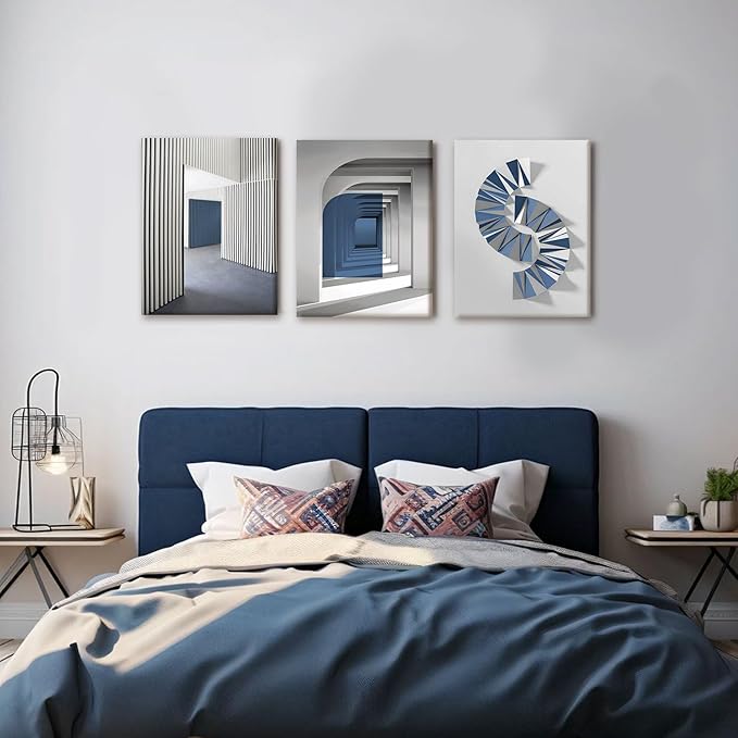 NCCXNCC 3-Pcs Abstract Blue Canvas Wall Art Neutral Minimalist Paintings Gray Geometric Posters Print Modern Architecture Image Artwork Living Room Bedroom or Office Wall Decoration 12x16 inch