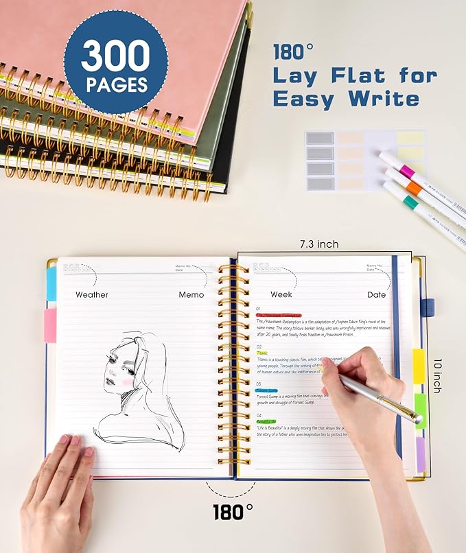 Hardcover Spiral Notebook Journal with Removable Dividers Tabs, 300 Pages Leather 5 Subject Notebook College Ruled, 8"x10" Large B5 Notebooks for Work School, Lined Journal for Women, Light Blue