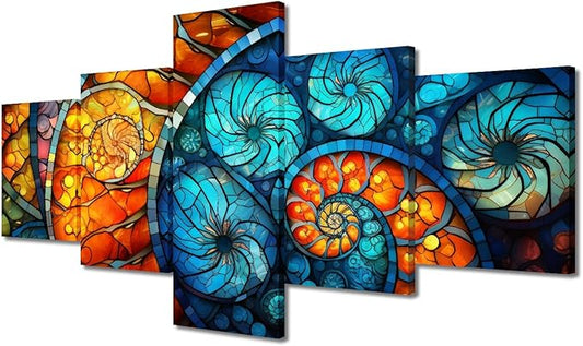 Canvas Wall Art for Home Modern Stained Glass Window Pattern Poster Abstract Artwork Picture Printing 5 Panel Red Blue Water Fire Colors Painting Art for Living Room Office Wall Decor 50x24 in