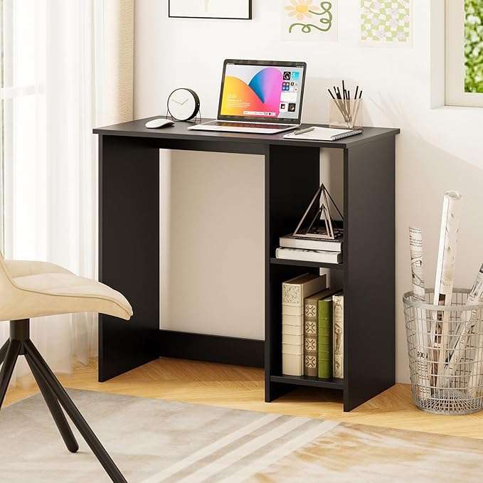 Tangkula Small Desk with Shelves, Compact Desk for Small Space, Study Writing Table with 2 Tier Shelves, Modern Simple Style Laptop PC Table (Black)