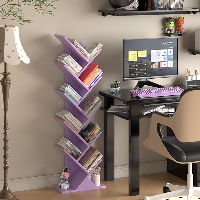 10 Tier Tree Book Shelf, Floor Standing Wood Bookshelf for Narrow Space, Storage Organizer Bookshelves for Books/CDs/Magazine, Bookcase with Shelves for Home Office, Living Room-Dream Purple