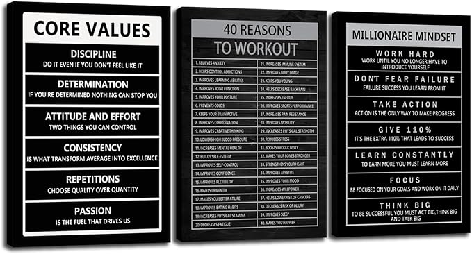 Motivational Canvas Office Print Wall Art Inspirational 40 Reasons to Workout Picture Millionaire Mindset Core Values Poster Painting Modern Inspiring Artwork for Home Gym Office Decor[72" W X 36" H]