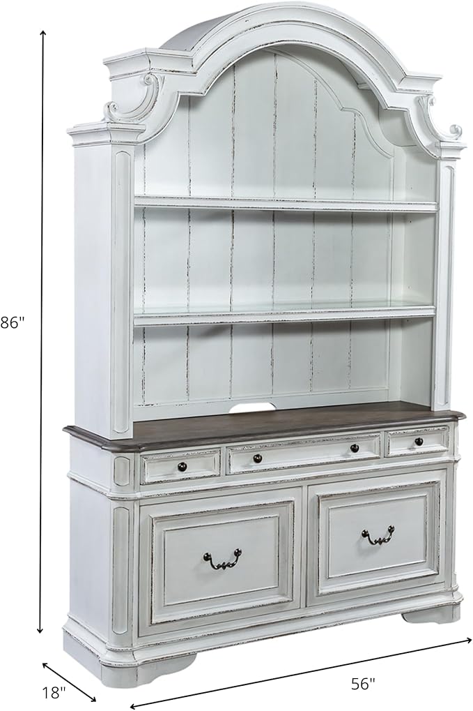 Liberty Furniture Magnolia Manor Filing Credenza & Hutch for Home Office - Antique White & Weathered Bark