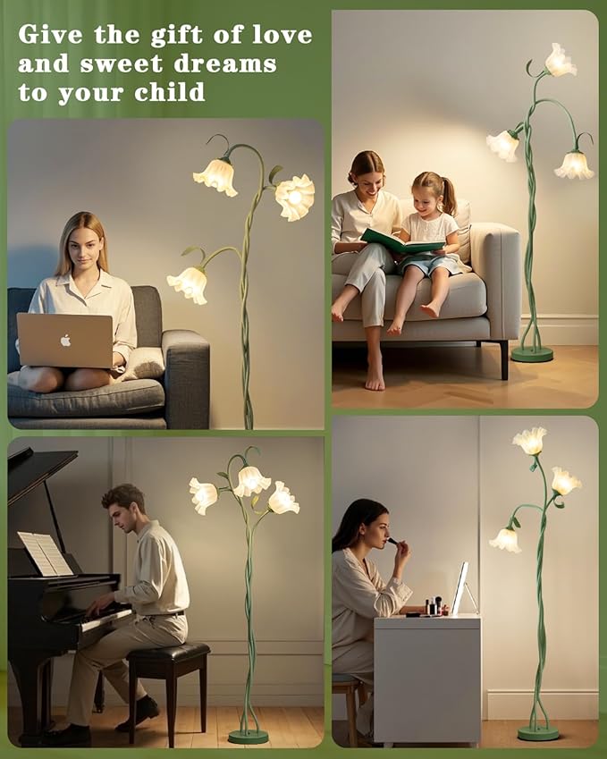 Flower Standing Lamp for Bedroom, Cute Floor Lamp with Flexible Neck, Bulbs Included, 3 Color Temperatures Vintage Tall Reading Lamp for Home Living Room Corner (Green)