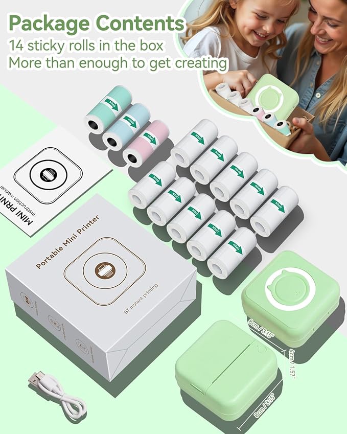 Aptika Mini Printer - Portable Sticker Maker with 14 Rolls Self-Adhesive Thermal Papers, Inkless Label Maker Machine for Study Anatomy Graphics Photos Address, Green