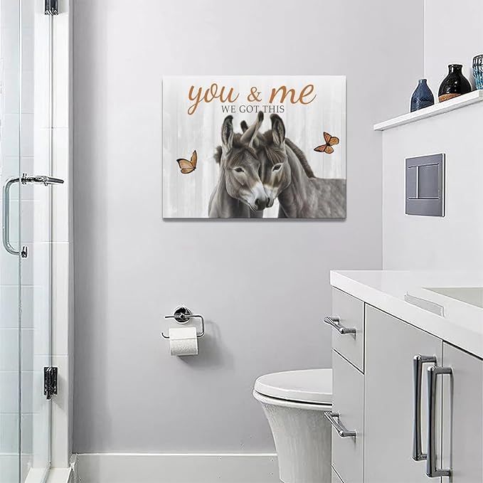 yerretin Farmhouse Donkey Wall Art Country Love Pictures Wall Decor Rustic Animal Canvas Painting Home Decoration Artwork for Bathroom Bedroom Living Room Office Framed 16"x12"