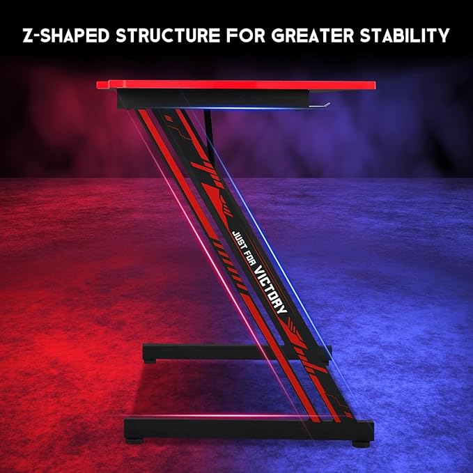 47 in Z-Shaped Home Computer Desk with Hook - Large Gaming Table for Work & Study, PC Gaming Workstation with Carbon Fiber Surface, Sturdy Metal Frame, Stable and Durable, Red