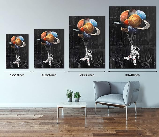 Yatsen Bridge Space Astronaut Canvas Wall Art, Creative Universe Planet Balloon Poster and Print with Frame, Modern House Decorations for Game Room Kids Room Ready to Hang - 18x24 inches