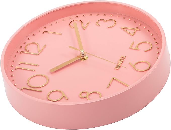 Lumuasky Pink Wall Clock Modern Battery Operated Analog Small Cute Silent Non-Ticking Decorative Clock for School Office Classroom Bedroom Kitchen Living Room Nursery Decor (10 inch)