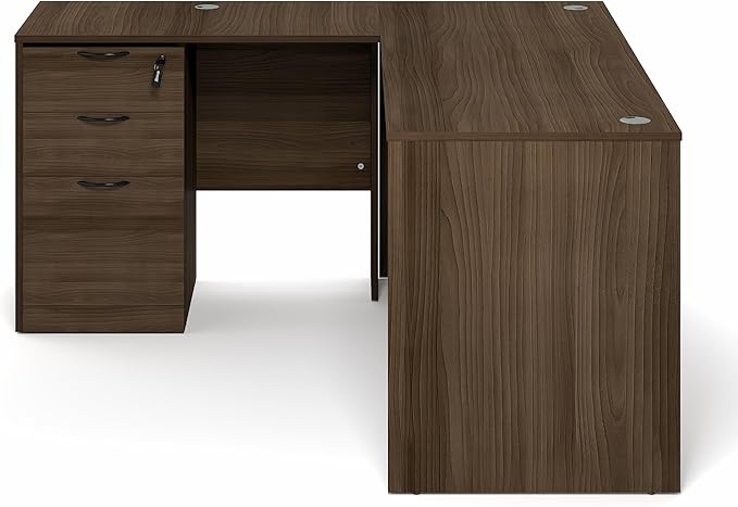 Furinno Roger 60 Inch L-Shaped Executive Desk with File Cabinet, L-Shaped Office Desk with 3-Drawer Fixed Pedestal Filing Cabinet, Desk Cord Grommet, for Home Office, Modern Walnut