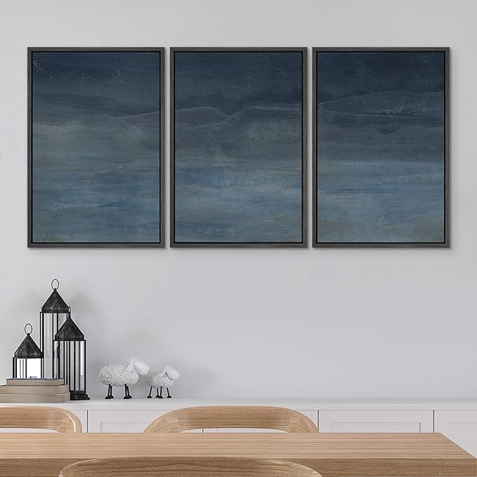 SIGNWIN Framed Canvas Print Wall Art Abstract Blue Landscape Modern Minimalist Navy Blue and Gray Nature Wilderness Modern Art Cool for Living Room, Bedroom, Office - 16"x24"x3 Black