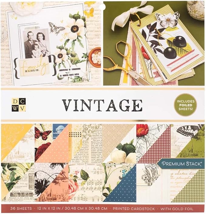 DCWV Printed Cardstock Paper 12x12, 36 Sheets of Scrapbook Paper for Crafts and Card Making, Double Sided Heavy Duty Cardstock with Foil Accents - Vintage