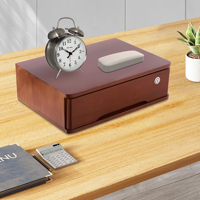 Wooden Desktop Storage Box with Lockable Drawers Office Supplies Drawer Organizer Receipt File Organizer Flat File Cabinet for Office Study Desk Front Desk (Walnut, 1 Drawer)