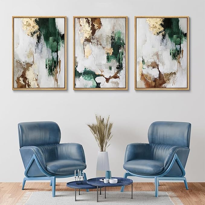 3Pcs Green and Gold Canvas Wall Art Abstract Posters Print Brown and Gray Line Pictures Decor for Living Room Bedroom Bathroom Home Decoration Unframed