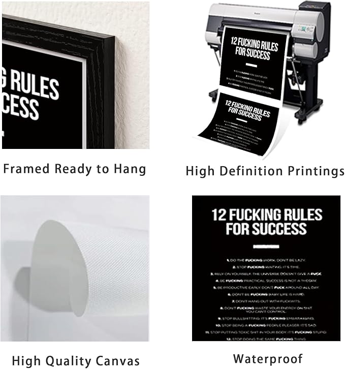 12 Fucking Rules for Success Framed Canvas Print Wall Art, Black White Motivational Poster, Success Wall Pictures for Home Office Dorm Decor, Ready to Hang, 12.5x16.5 Inches