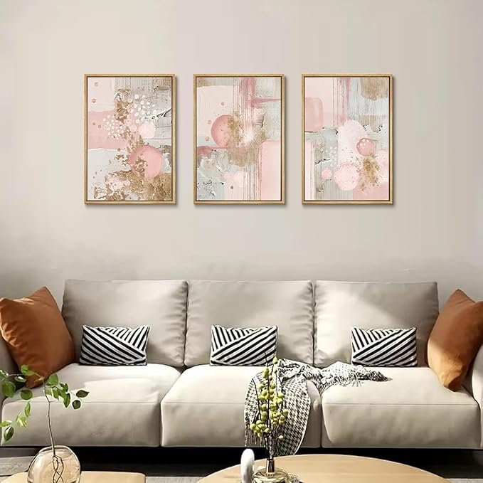 3Pcs Pink and Gold Canvas Wall Art Abstract Posters Print Geometric Pictures Decor for Living Room Bedroom Bathroom Home Decoration UnFramed