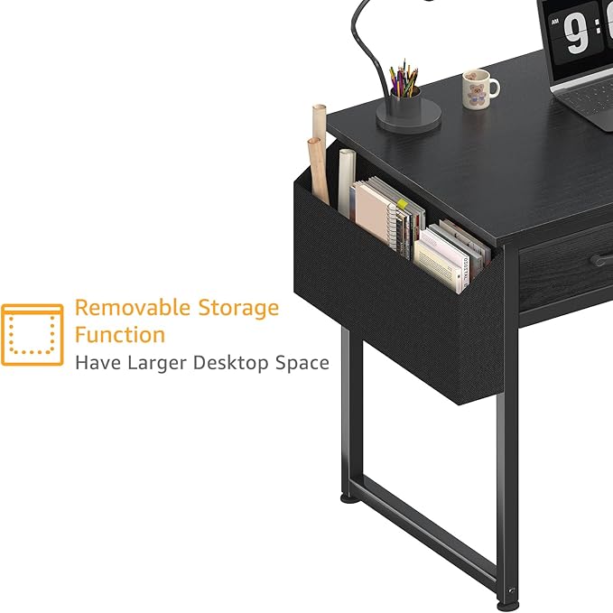 DLisiting Small Desk with Fabric Drawers for Bedroom, 32 Inch Gaming Desk with 2 Drawers for Small Space, Study Writing Table PC Desks, Black