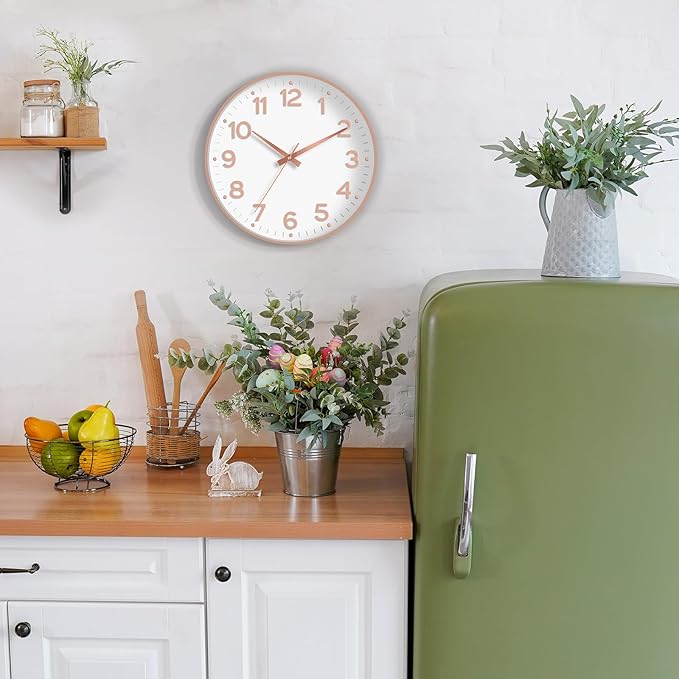 Wall Clock 10 Inch Silent Wall Clocks Battery Operated-Modern Non Ticking Analog Clock Decorative for Kitchen Bedroom Office Bathroom(White Rose Gold)