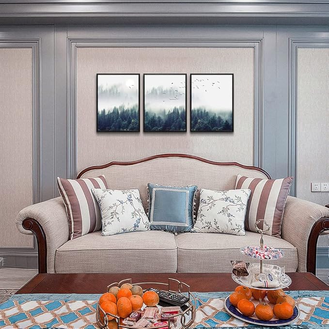 Black Framed Wall Art For Living Room Large Size Wall Decoration For Bedroom Foggy Forest Trees Landscape Painting Office Wall Decor Wall Pictures Artwork Home Decor 3 Piece Framed Art Prints16x24