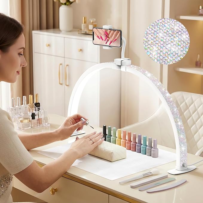 LIONVISON Half Moon Light for Desk: 29" Foldable Nail Light for Desk with Phone Holder - 3000K-6500K 3 Color Modes 10 Brightness for Salon Nail Technicians & Home DIY Manicure Enthusiasts (Diamond)