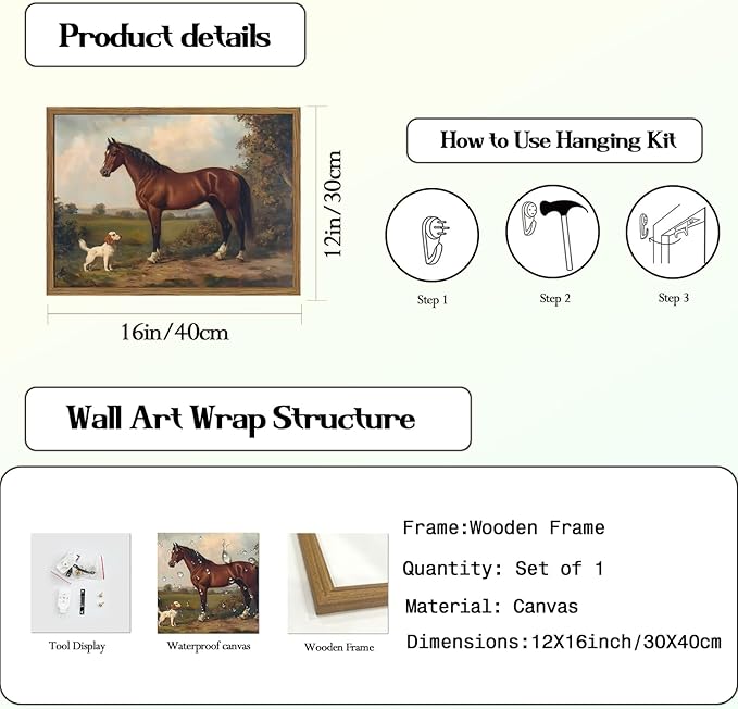Framed Vintage Wall Art, Rustic Horse and Dog Pictures Wall Decor, Farmhouse Animal landscape Paintings Canvas Prints Neutral Aesthetic Home Decor for Living Room Bedroom Bathroom Office 12x16 inch