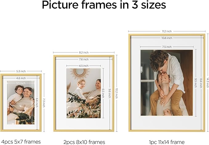 eletecpro Aluminum Gallery Wall Frame Set of 7, Including 1Pc 11x14, 2Pcs 8x10, 4Pcs 5x7 Photo Frames for Wall or Tabletop Display, Multiple Sizes Picture Frames Collage Wall Decor, Gold