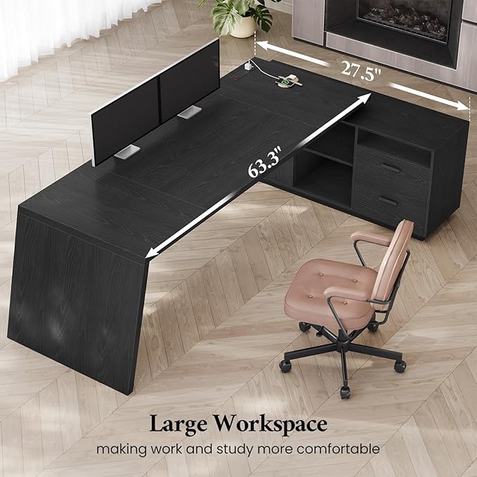 78 inch L Shaped Executive Desk with Power Outlets, Large Home Office Desk with Storage Drawers and File Cabinet, Modern Computer Desk with Shelves, Black Business Furniture