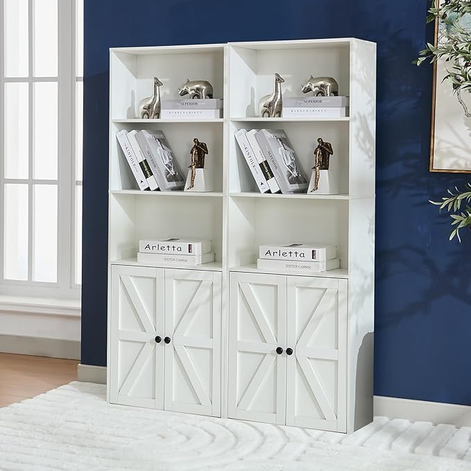 Bookshelves and Bookcases with Barn Doors Set of 2, Farmhouse Bookshelf with Display Shelves, Floor Standing 5-Tier Book Shelf with Storage Cabinet for Home Office, Living Room, Bedroom