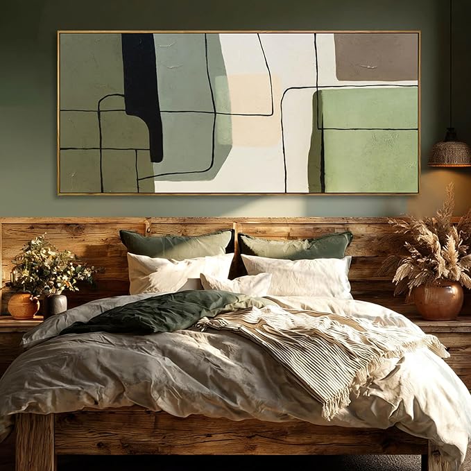 Large Abstract Canvas Wall Art 32x70 Inch, Green Beige Neutral Framed Wall Art, Modern Horizontal Canvas Wall Art with Wooden Frame for Living Room Home Decor
