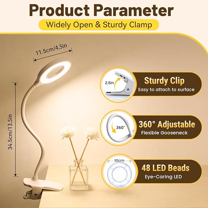 Clip on Reading Light for Bed Headboard, Rechargeable Battery with Large Clamp, 5 Colors & 5 Brightness Flexible Neck Desk Lamp, Eye Protection LED Touch Control Book Light for Kids, Bunk Bed, (White)