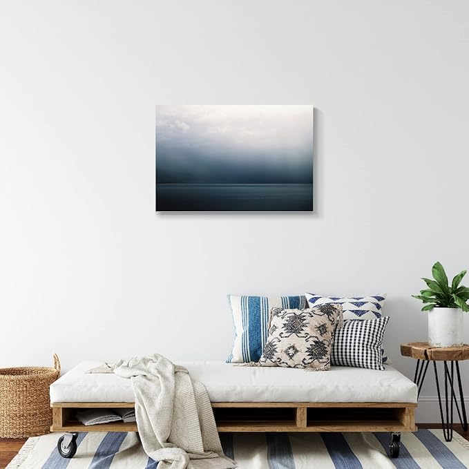 Large Canvas Wall Art Modern Abstract Art Paintings Green Mountains Blue Sea Under the Grey Sky Scenery Framed Artwork Pictures for Living Room Bedroom Hallway Wall Decor 30x20in