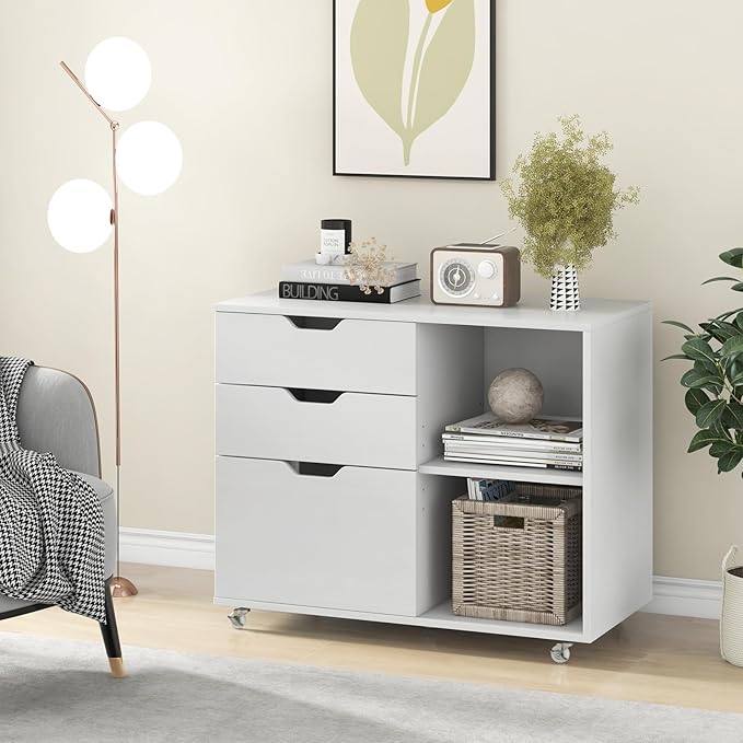 LOKO 3-Drawer File Cabinet, Mobile Printer Stand Cabinet with Adjustable Shelf, Rolling Lateral Filing Cabinet with Wheels for Letter, A4, Legal Size, for Home Office Organization (White)