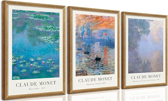 SYWENNOI Monet Impressionism Canvas Wall Art Set of 3, Classic Claude Monet Pieces Wall Decor, Water Lilies Sunrise and art Seine Landscape Art Prints for Living Room Bedroom Office 12x16 Wood Frames