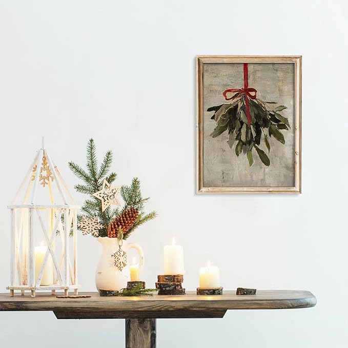 uniro Vintage Christmas Mistletoe Print Artwork Painting Winter Farmhouse Holiday Wall Decor for Bedroom, Living Room, Gallery, winter Room Decor, Holiday Decoration Gifts (8" x 10" - UNFRAMED)