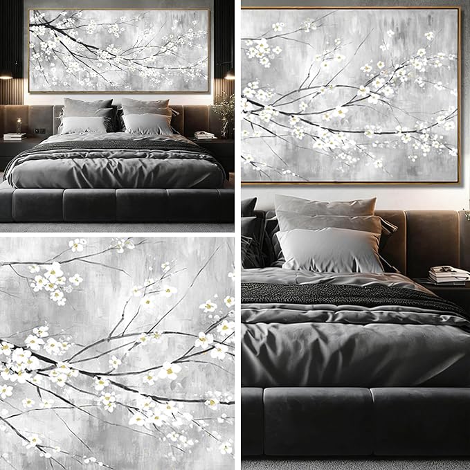 Large White Black Gray and Gold Plum Blossom Canvas Wall Art Framed Modern Zen Nature Floral Posters for Bedroom Living Room Office Hallway Wall Decor 40x88 Inch